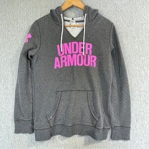 Under Armour V-Neck Hoodie Women’s XS Grey Coldgear Fleece Lined Pink Logo Front